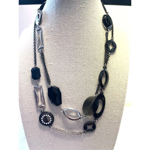 Lia Sophia Silver Tone & Black Geometric Link Necklace 18" Rhinestone Accent - Picture 6 of 7